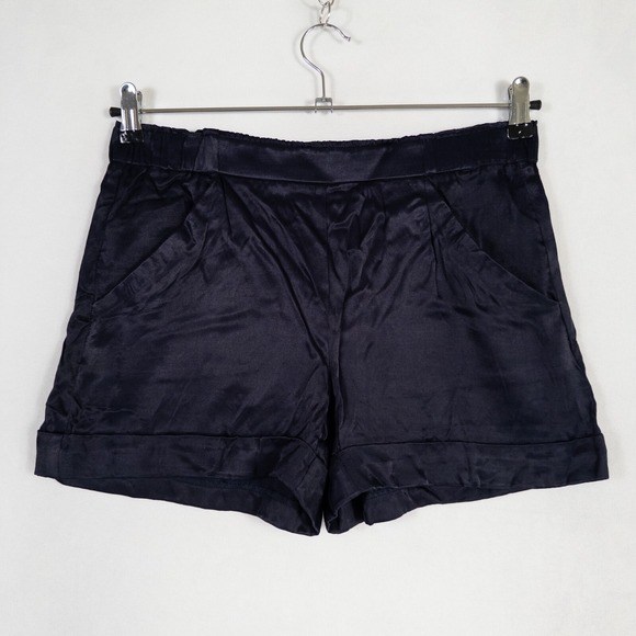 Ann Taylor LOFT Shorts Womens 0 Midnight Blue Satin Pull On Flat Front Pockets - Picture 1 of 9